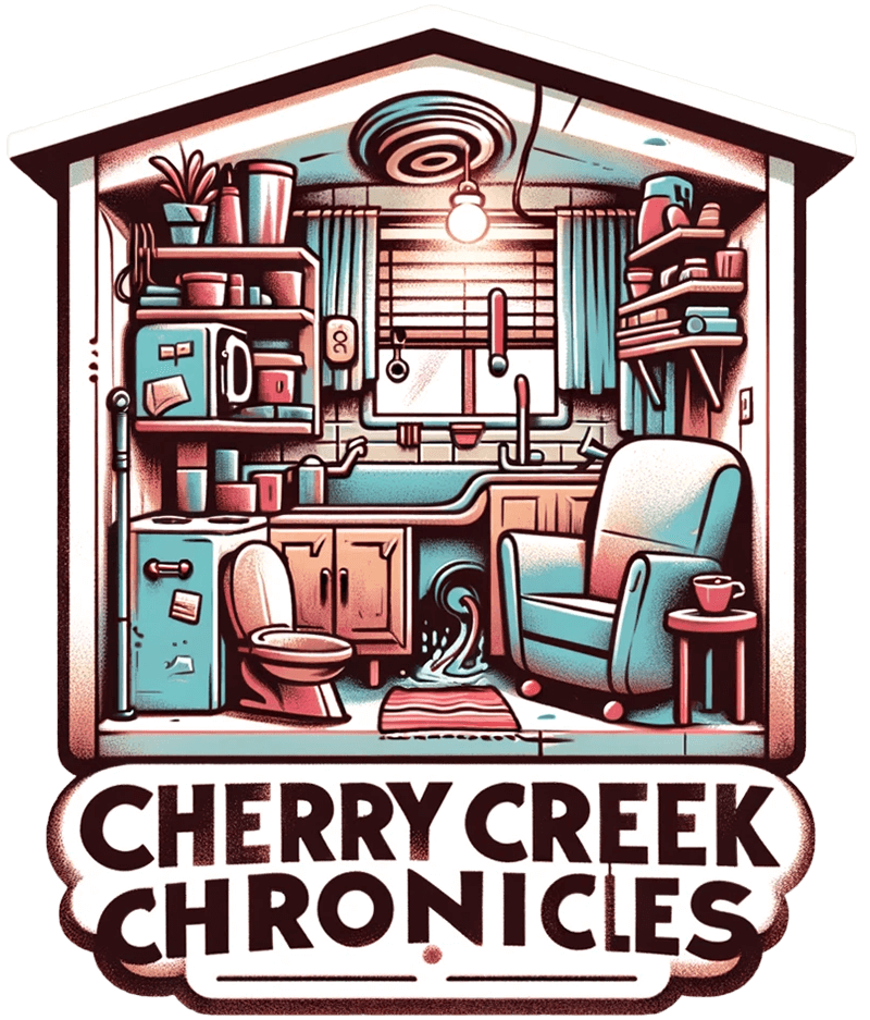 Logo of Cherry Creek Chronicles, featuring a stylized illustration of an apartment building with a whimsical font for the blog name.